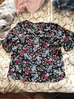 Liz Claiborne Black Floral Short-Sleeve Blouse - Pink, Blue, Mint